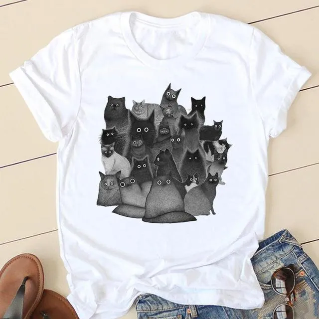 90s Fashion Cat & Plant Graphic Tee – Cute Summer T-shirt for Women, Casual Cartoon Short Sleeve Top