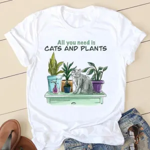 90s Fashion Cat & Plant Graphic Tee – Cute Summer T-shirt for Women, Casual Cartoon Short Sleeve Top