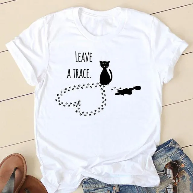 90s Fashion Cat & Plant Graphic Tee – Cute Summer T-shirt for Women, Casual Cartoon Short Sleeve Top