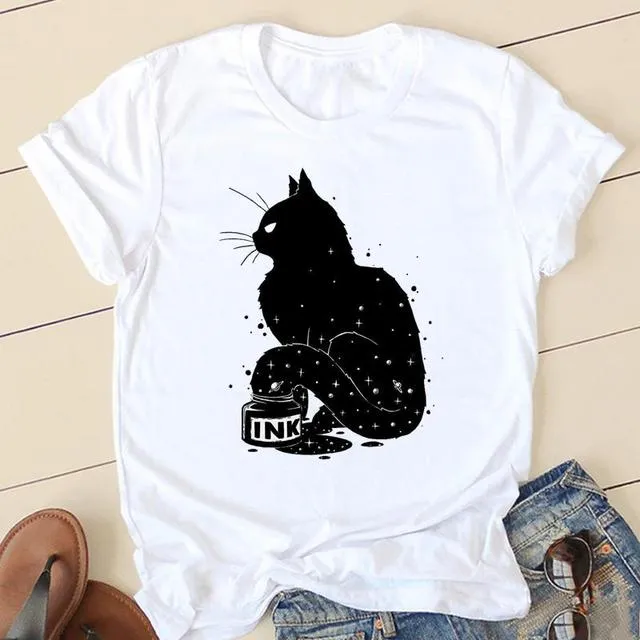 90s Fashion Cat & Plant Graphic Tee – Cute Summer T-shirt for Women, Casual Cartoon Short Sleeve Top