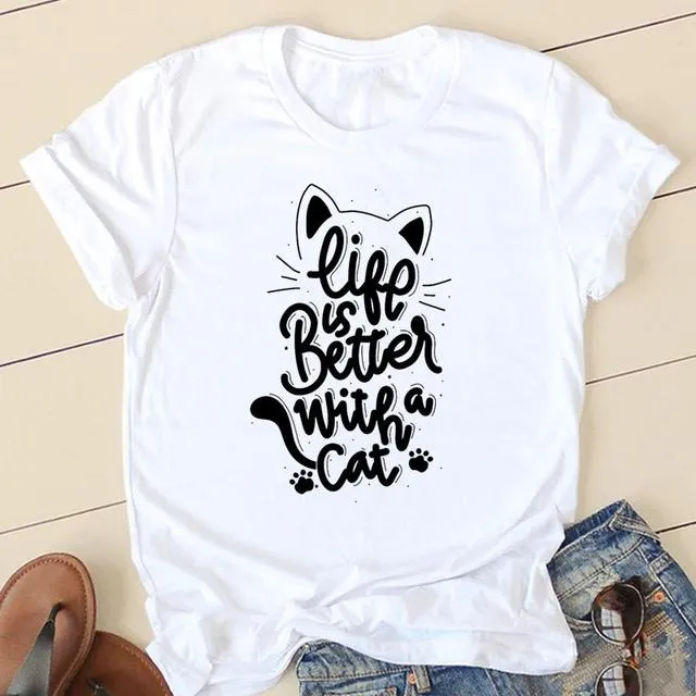 90s Fashion Cat & Plant Graphic Tee – Cute Summer T-shirt for Women, Casual Cartoon Short Sleeve Top