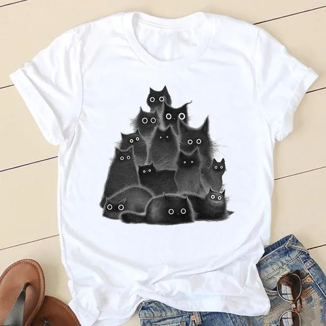 90s Fashion Cat & Plant Graphic Tee – Cute Summer T-shirt for Women, Casual Cartoon Short Sleeve Top