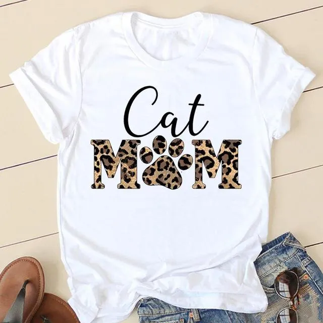 90s Fashion Cat & Plant Graphic Tee – Cute Summer T-shirt for Women, Casual Cartoon Short Sleeve Top