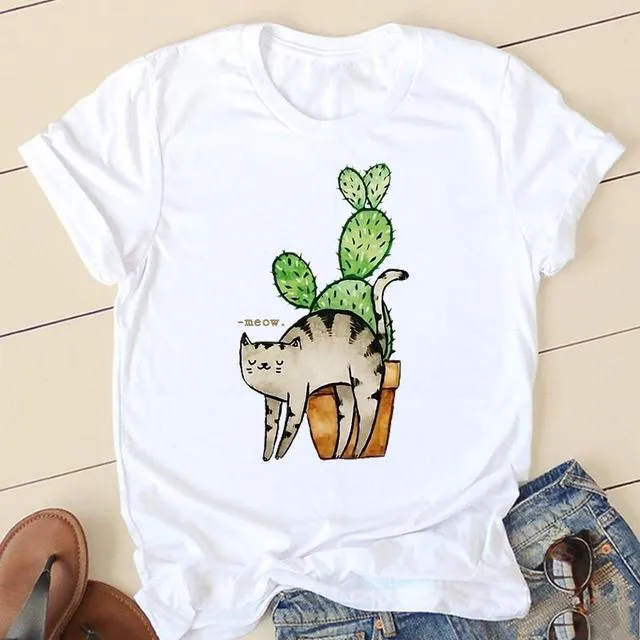 90s Fashion Cat & Plant Graphic Tee – Cute Summer T-shirt for Women, Casual Cartoon Short Sleeve Top