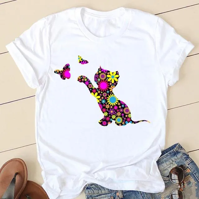 90s Fashion Cat & Plant Graphic Tee – Cute Summer T-shirt for Women, Casual Cartoon Short Sleeve Top