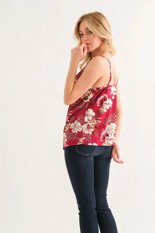 And The Why Floral Printed Casual Tank Top In Burgundy
