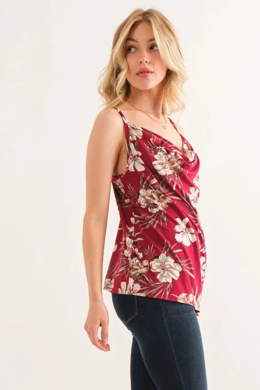 And The Why Floral Printed Casual Tank Top In Burgundy