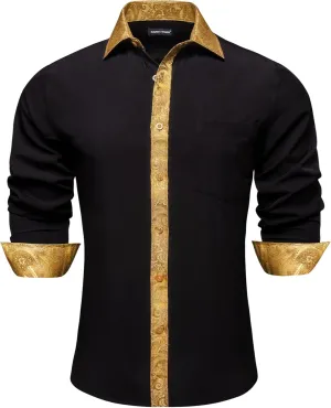 Barry.Wang Mens Satin Silk Shirts Long Sleeve Designer Dress Shirt Shiny Untucked Casual Button Down Shirt Party Disco Formal