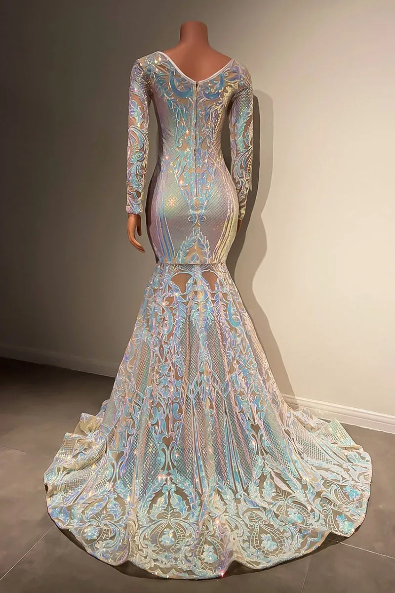 Beautiful Long Mermaid Lace Long Sleeves Evening Dress With Train