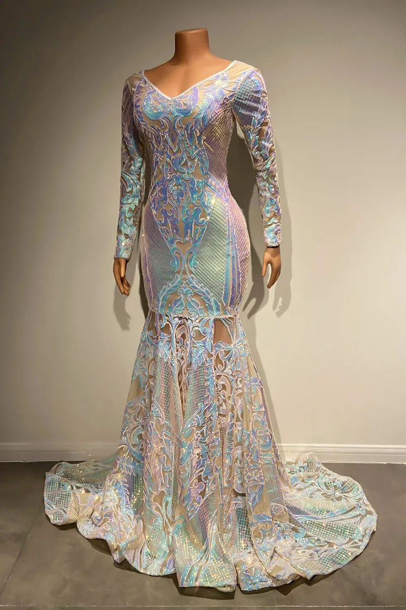 Beautiful Long Mermaid Lace Long Sleeves Evening Dress With Train