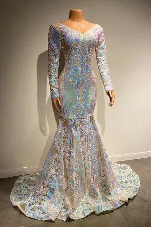 Beautiful Long Mermaid Lace Long Sleeves Evening Dress With Train