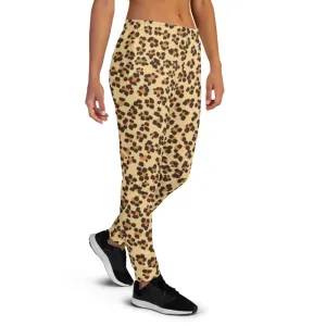 Beige Leopard Women's Joggers, Animal Print Slim Fit Soft Ladies Sweatpants-Made in EU