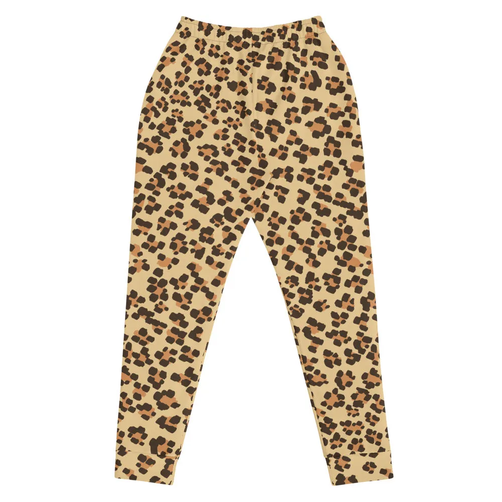 Beige Leopard Women's Joggers, Animal Print Slim Fit Soft Ladies Sweatpants-Made in EU