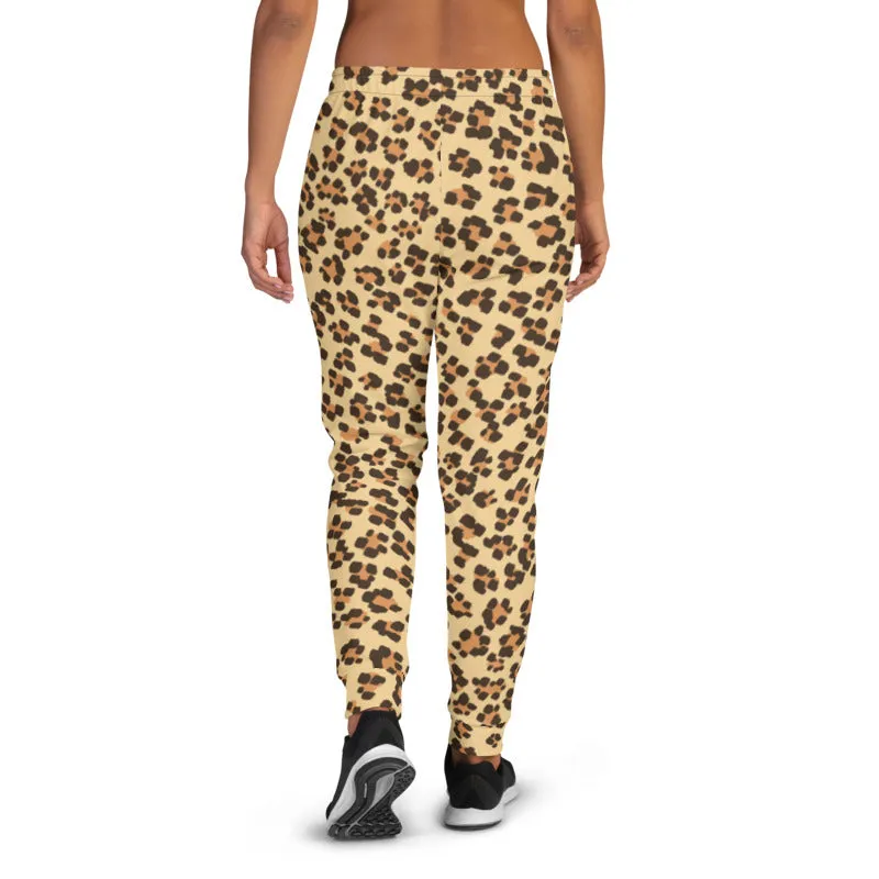 Beige Leopard Women's Joggers, Animal Print Slim Fit Soft Ladies Sweatpants-Made in EU