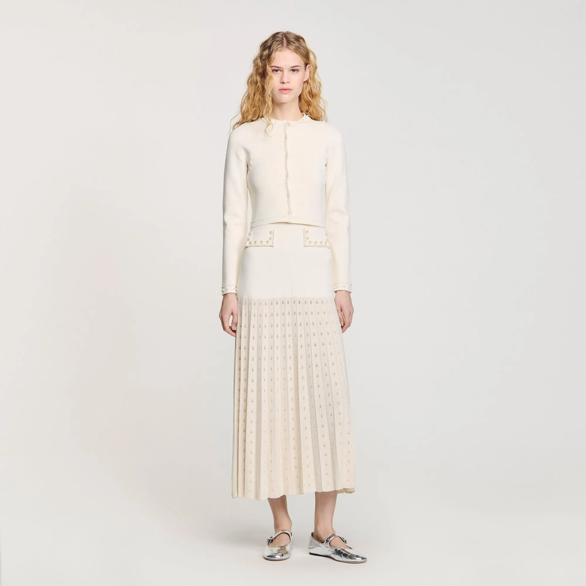 Blondeau Cropped Cardigan With Peal Buttons Ecru
