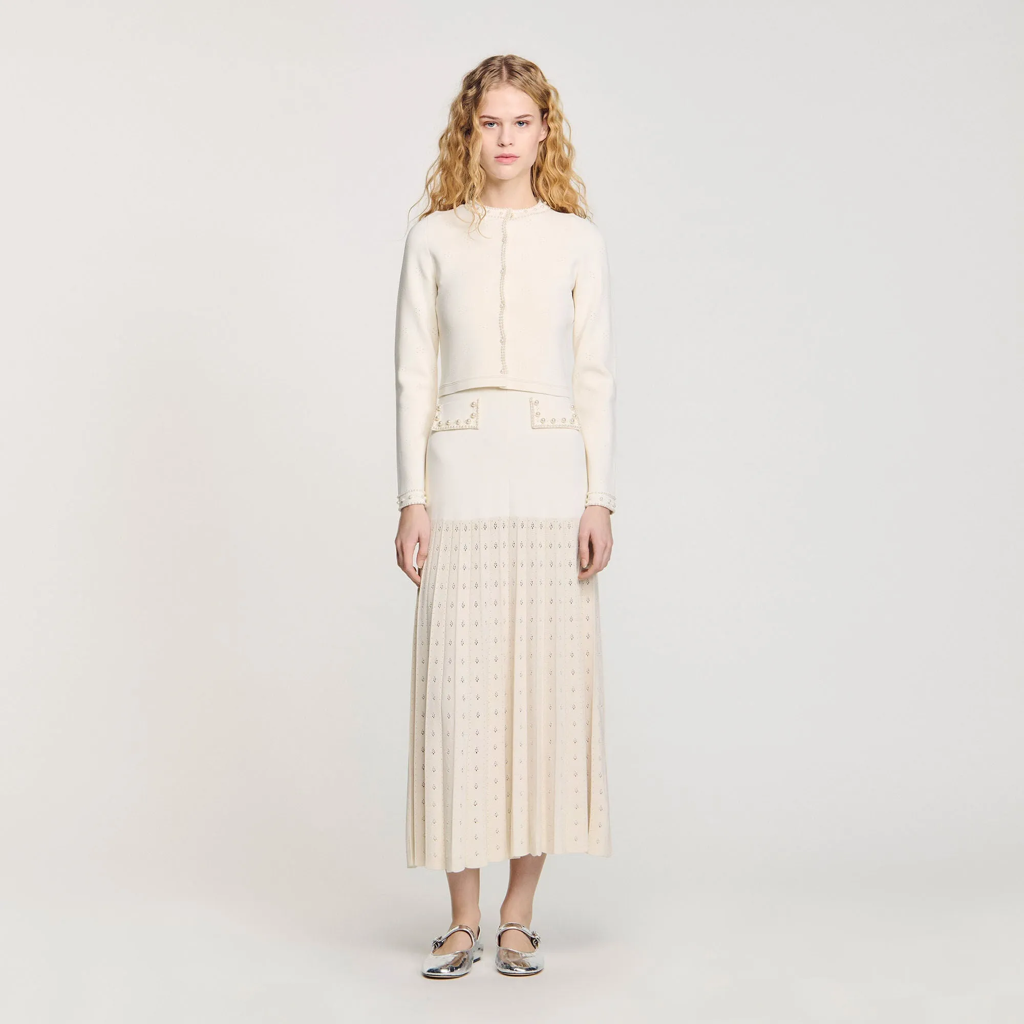 Blondeau Cropped Cardigan With Peal Buttons Ecru