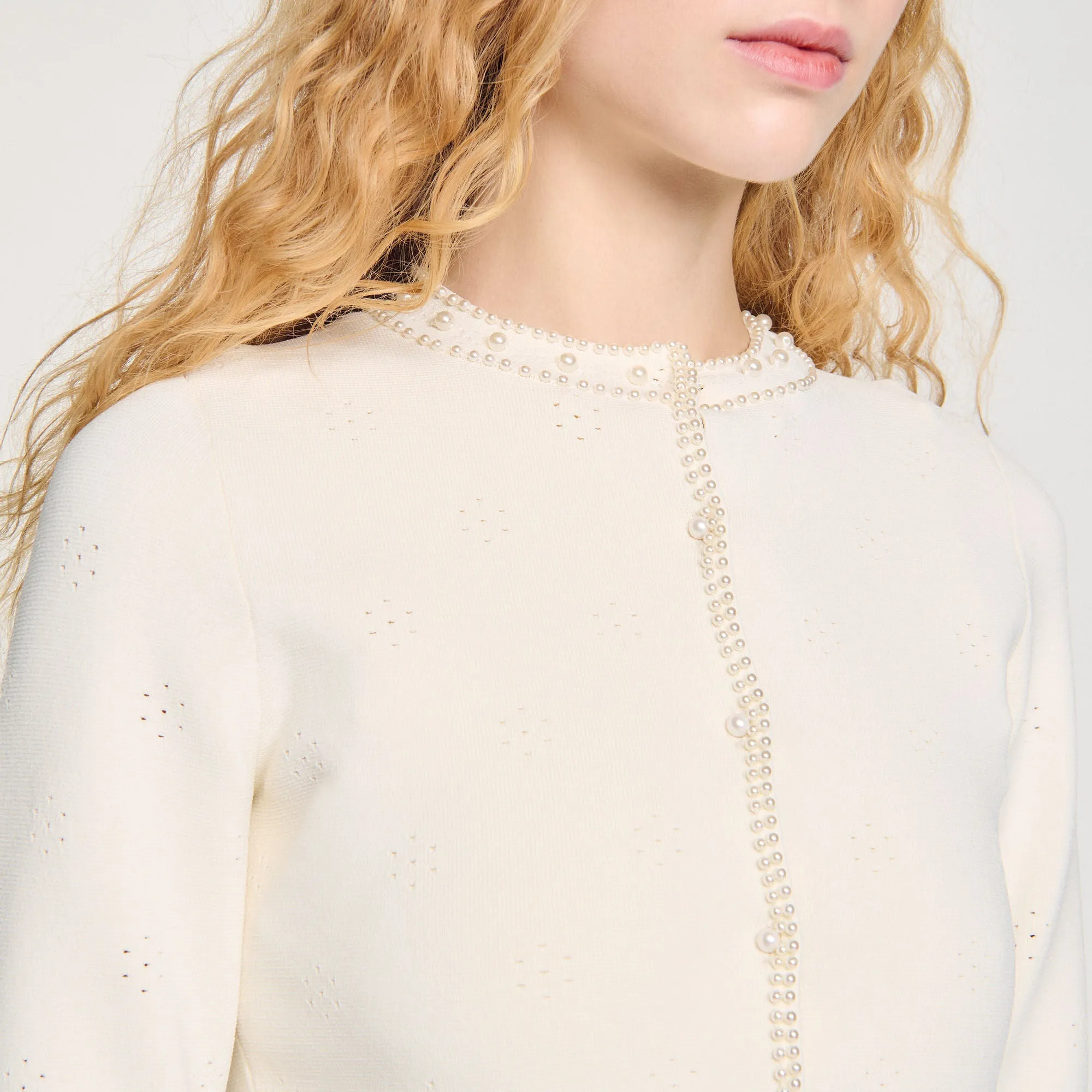 Blondeau Cropped Cardigan With Peal Buttons Ecru