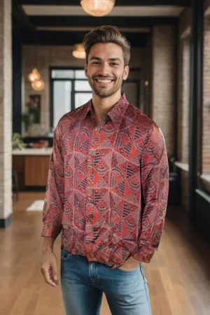 Brown Full Sleeve Jahota Print Modal Silk Mens Shirt10074379