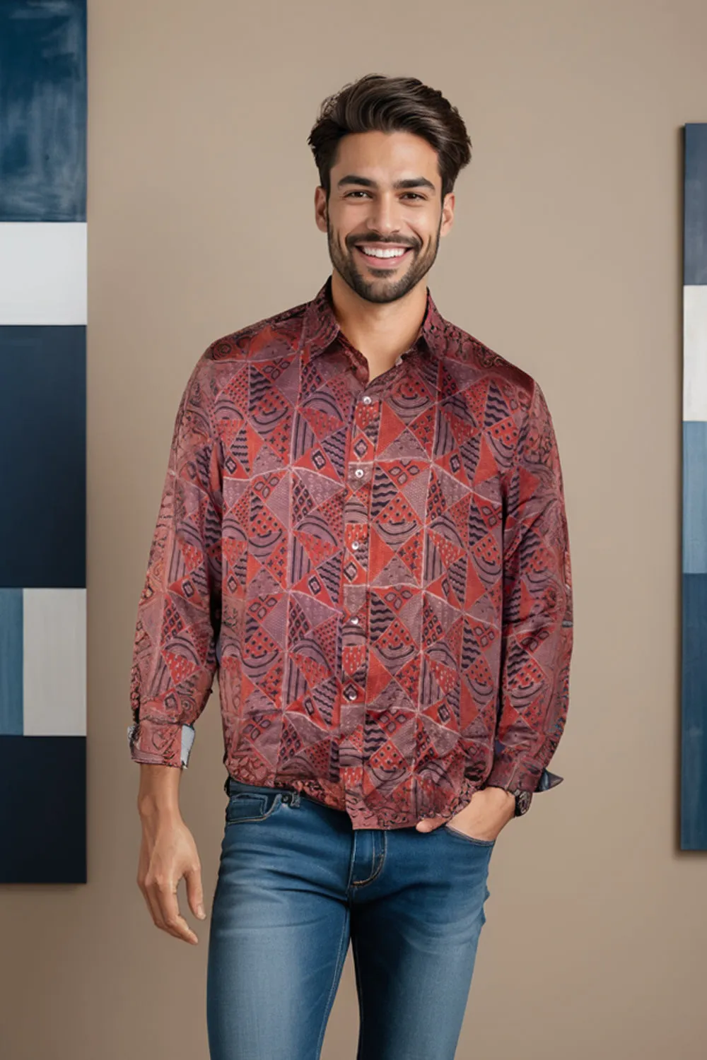 Brown Full Sleeve Jahota Print Modal Silk Mens Shirt10074379