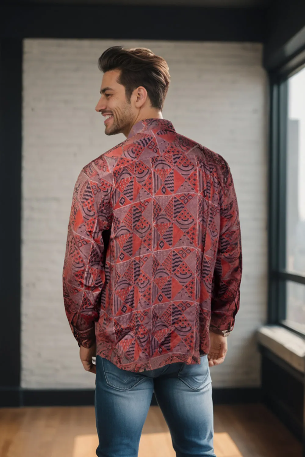 Brown Full Sleeve Jahota Print Modal Silk Mens Shirt10074379