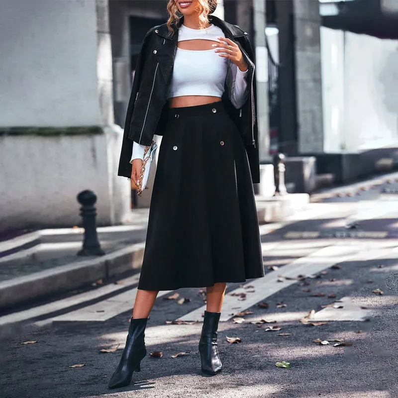 Button Detail Zip Back Flared Skirt