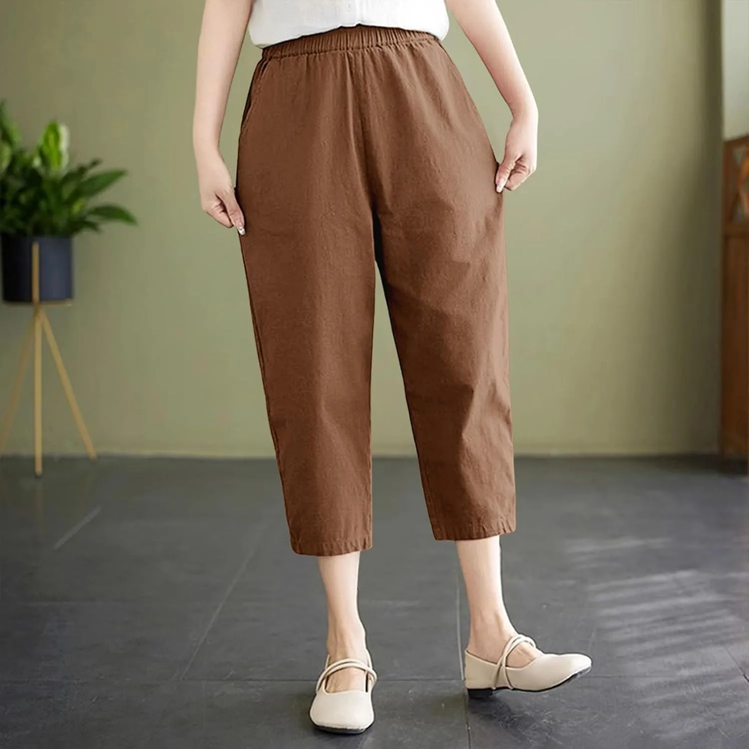 Capri Pants for Women Summer Casual Lounge Pant with Pockets Cropped Cotton Linen Loose Drawstring Baggy Trousers