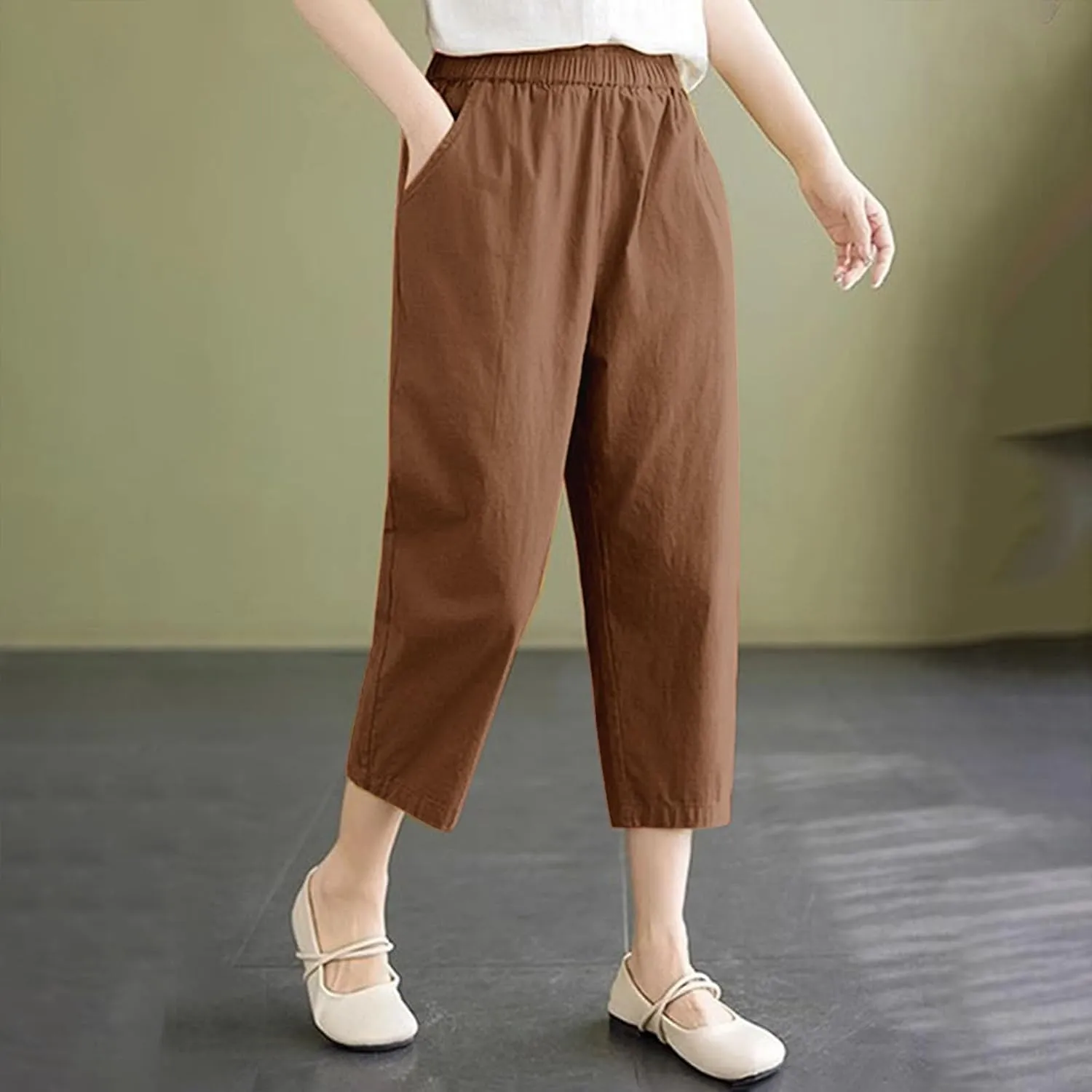 Capri Pants for Women Summer Casual Lounge Pant with Pockets Cropped Cotton Linen Loose Drawstring Baggy Trousers