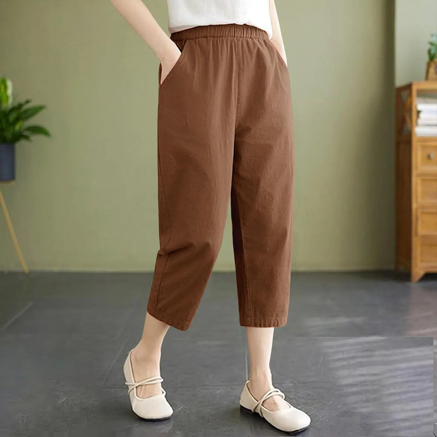 Capri Pants for Women Summer Casual Lounge Pant with Pockets Cropped Cotton Linen Loose Drawstring Baggy Trousers