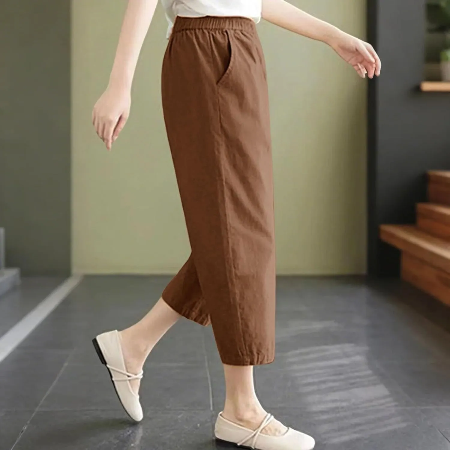 Capri Pants for Women Summer Casual Lounge Pant with Pockets Cropped Cotton Linen Loose Drawstring Baggy Trousers
