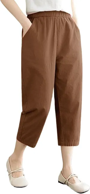 Capri Pants for Women Summer Casual Lounge Pant with Pockets Cropped Cotton Linen Loose Drawstring Baggy Trousers