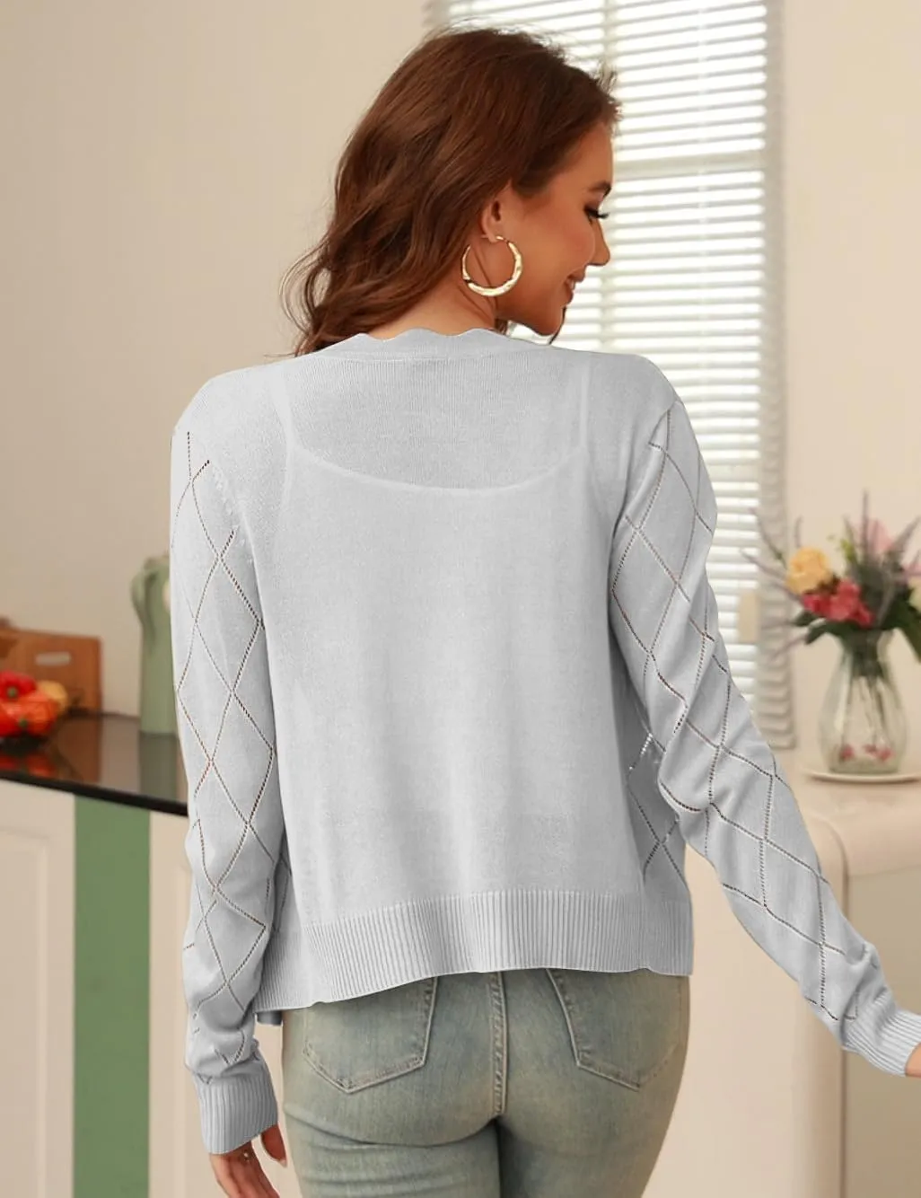 CARDYDONY Women's Long Sleeve Cropped Cardigan Sweaters Open Front Hollow Out Shrugs S-XL