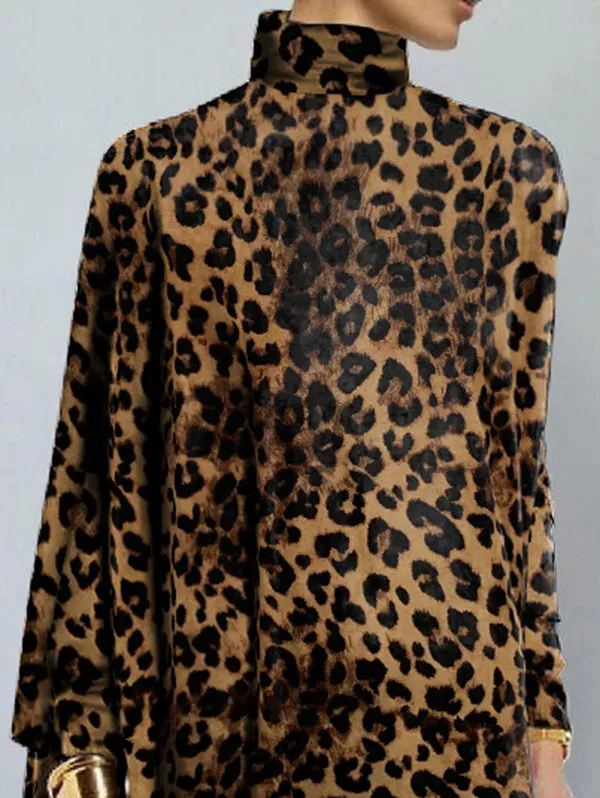 Chicmy-Long Sleeves Loose Leopard Printed High Neck T-Shirts
