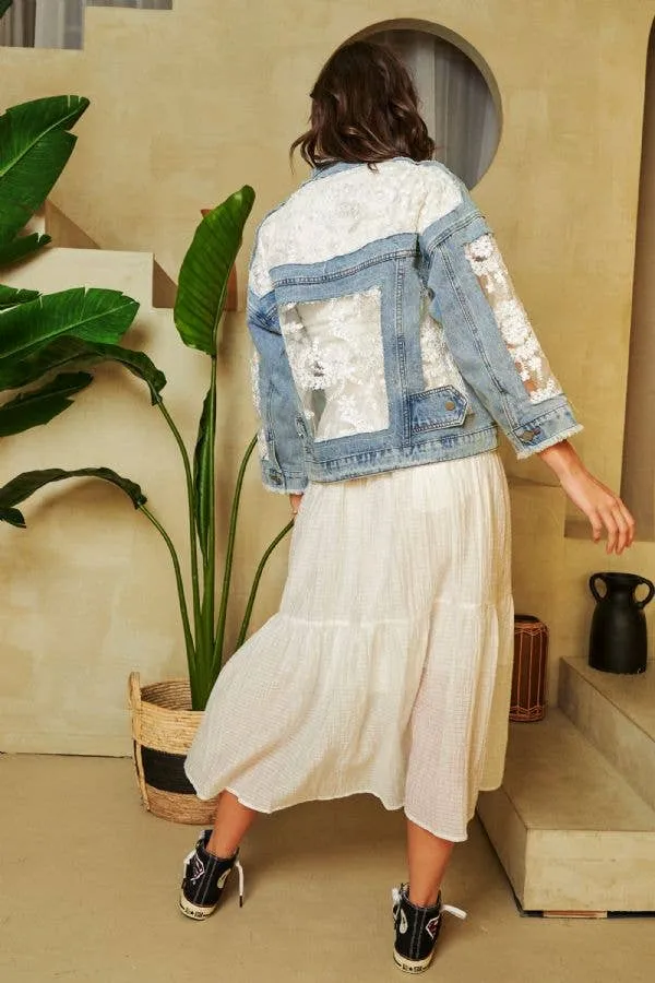 Davi & Dani Embroidery Lace Distressed Womens Denim Jacket S-L