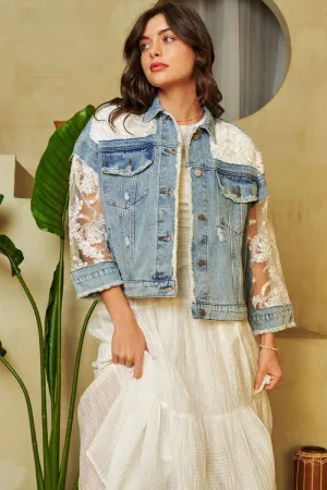 Davi & Dani Embroidery Lace Distressed Womens Denim Jacket S-L