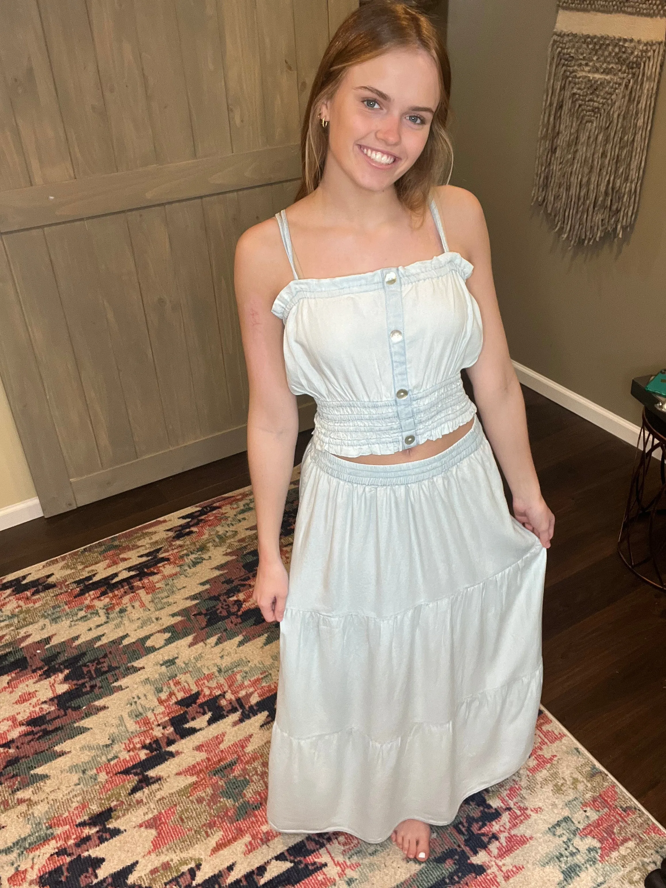 Denim Tiered Maxi Skirt