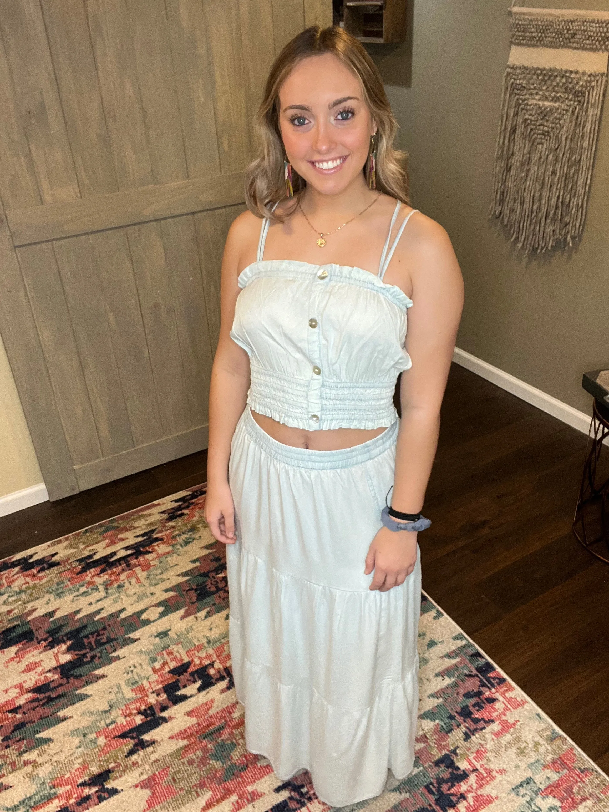 Denim Tiered Maxi Skirt