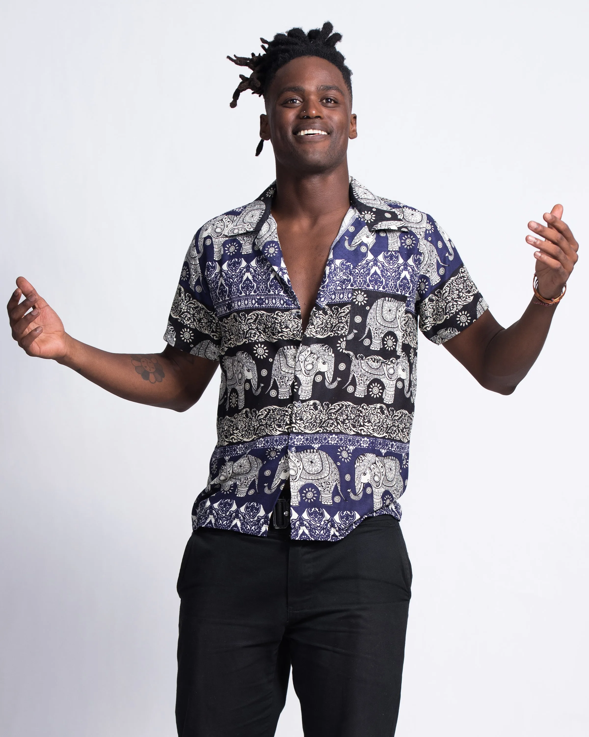 Divine Elephant Short Sleeve Button Shirt in Indigo