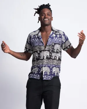 Divine Elephant Short Sleeve Button Shirt in Indigo