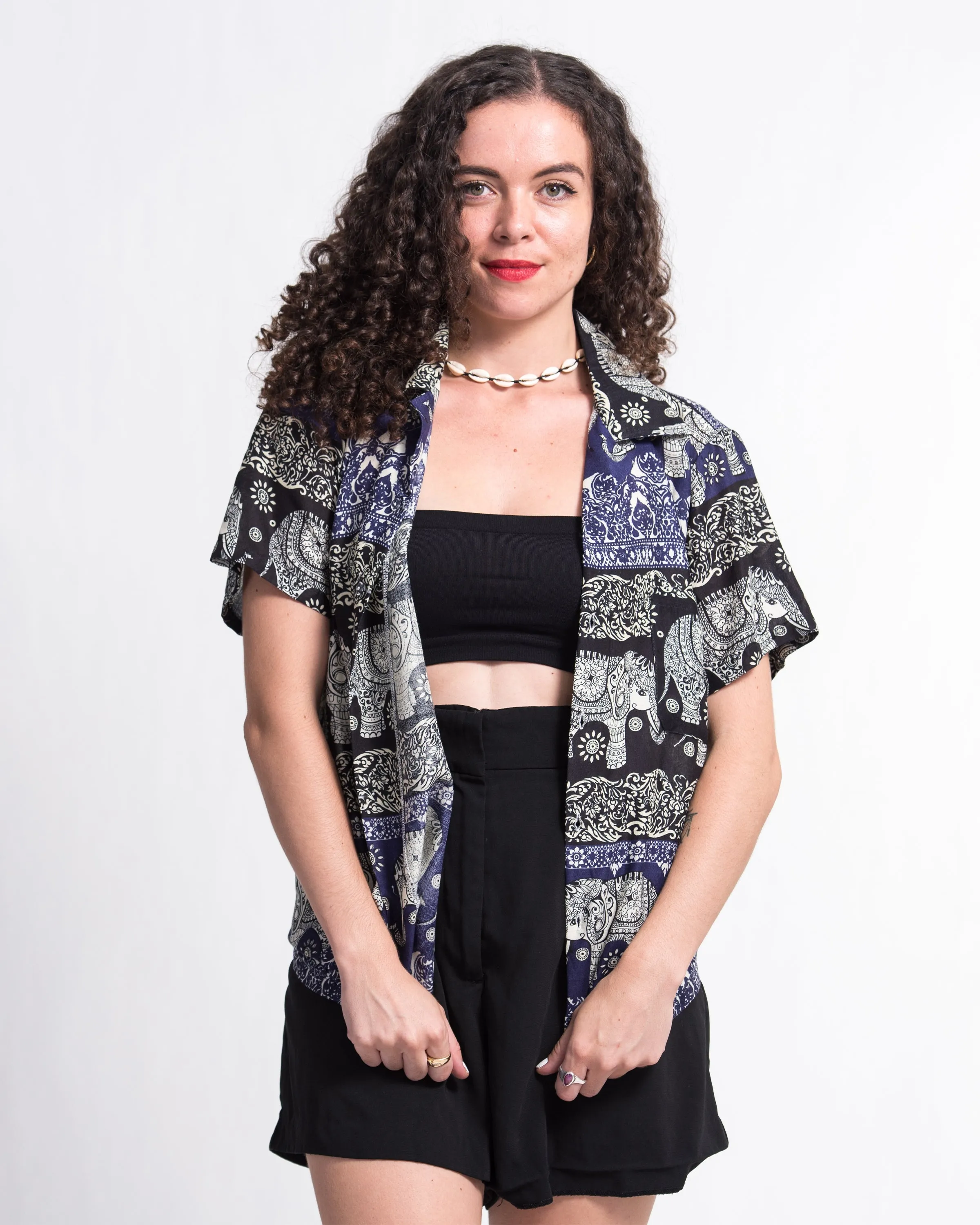 Divine Elephant Short Sleeve Button Shirt in Indigo