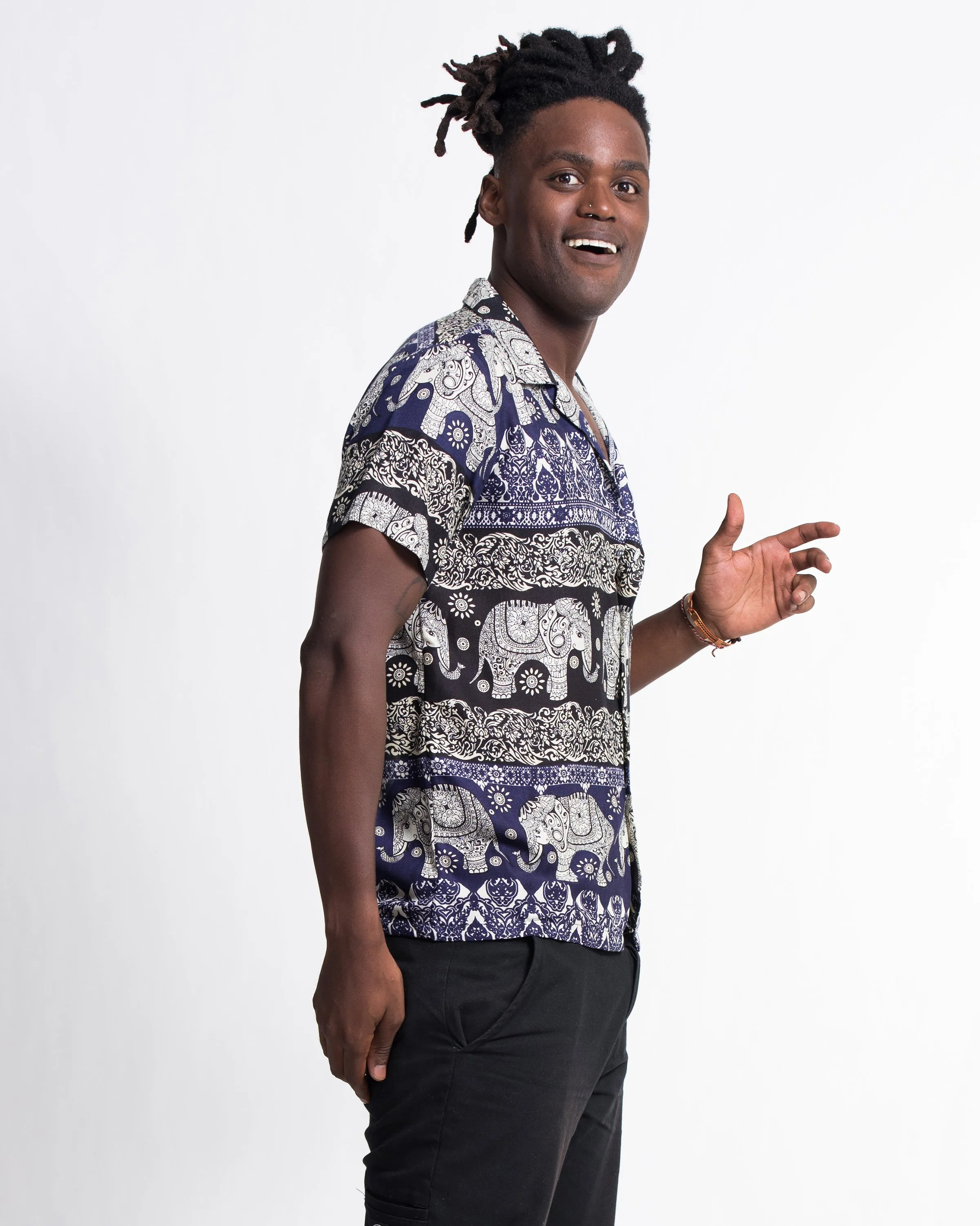 Divine Elephant Short Sleeve Button Shirt in Indigo