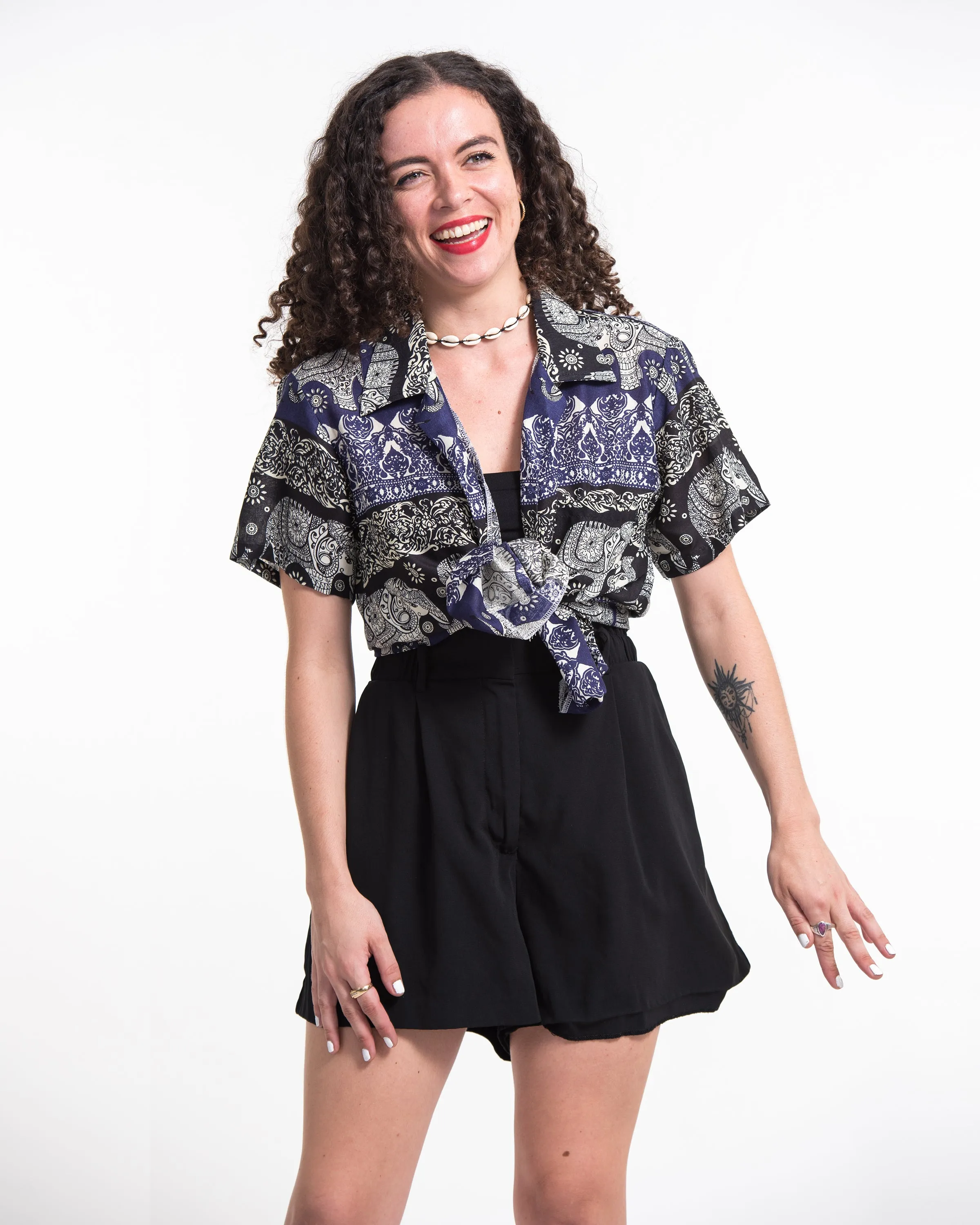 Divine Elephant Short Sleeve Button Shirt in Indigo