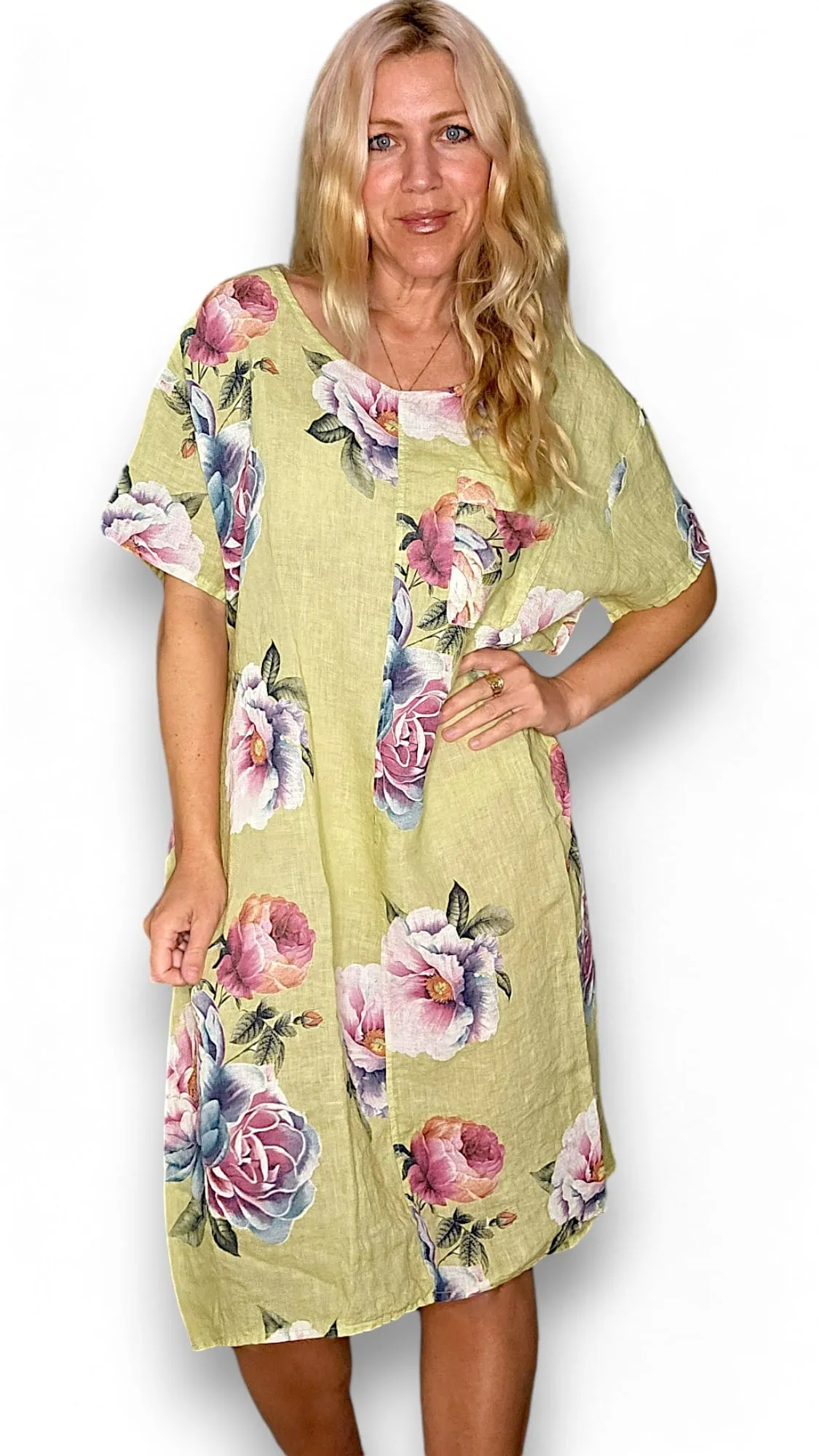 EASY PEASY T-SHAPE DRESS LINEN OMBRE PEONY LIME