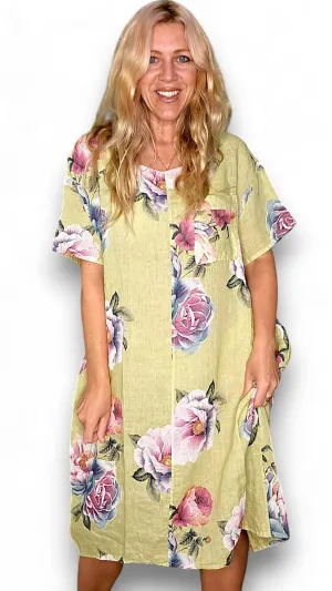 EASY PEASY T-SHAPE DRESS LINEN OMBRE PEONY LIME
