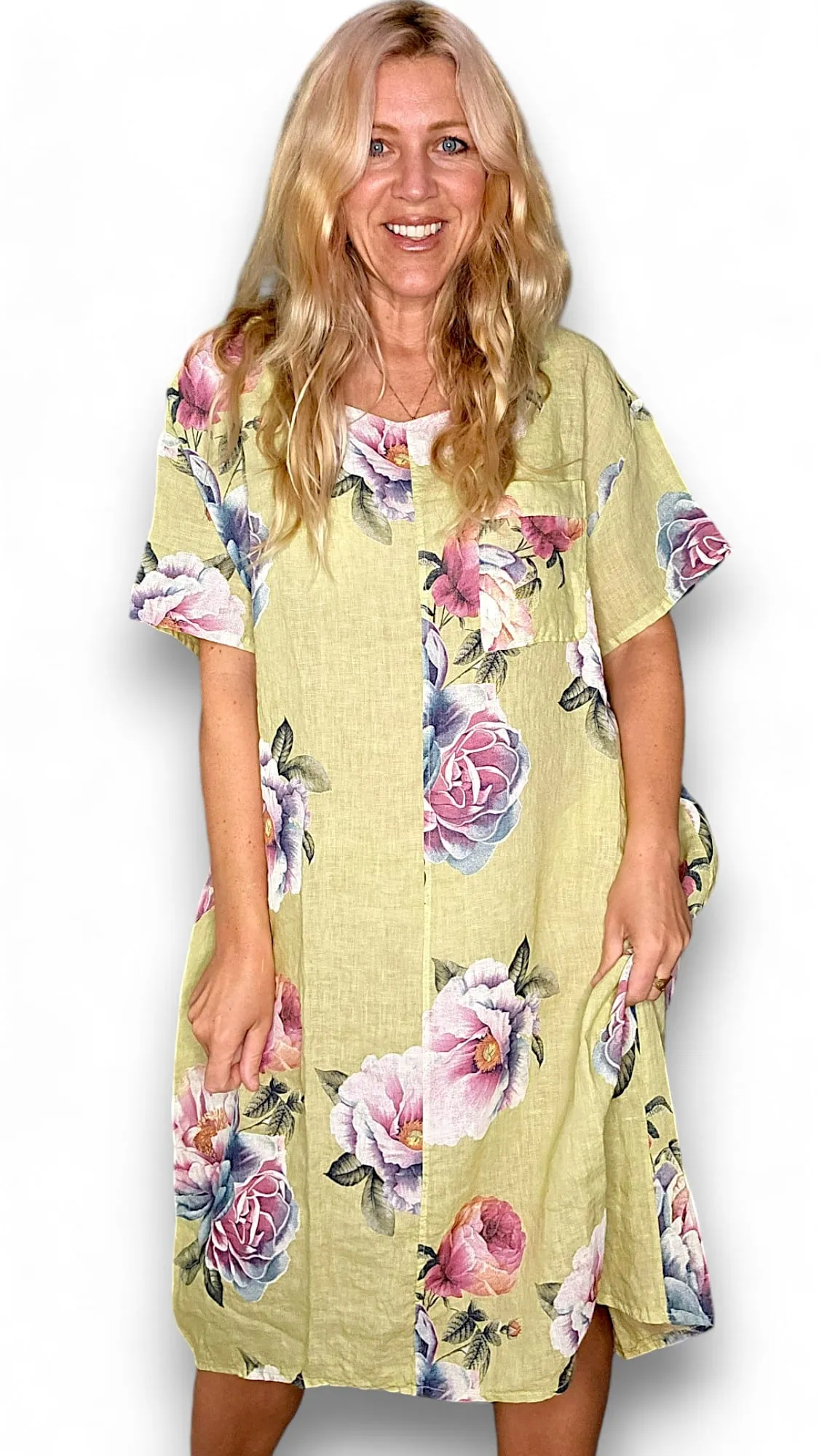 EASY PEASY T-SHAPE DRESS LINEN OMBRE PEONY LIME