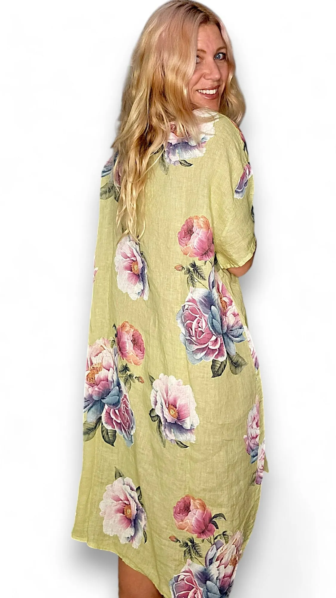 EASY PEASY T-SHAPE DRESS LINEN OMBRE PEONY LIME