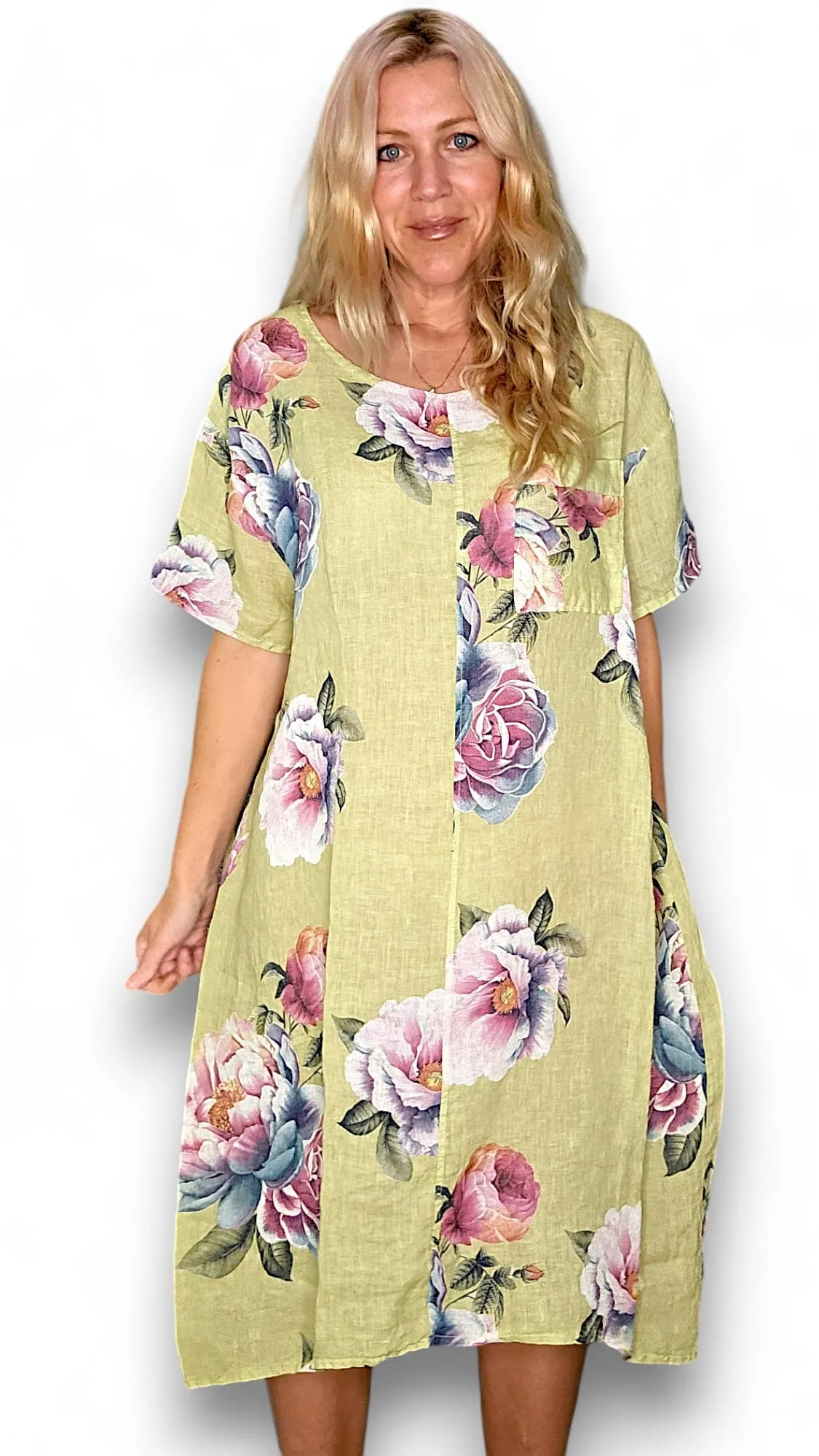 EASY PEASY T-SHAPE DRESS LINEN OMBRE PEONY LIME