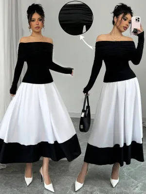Fashion Off-Shoulder Pleated Black Top Matched With Black & White Contrast Flare A-Line Skirt, 2pcs Women's Set For Daily Wear