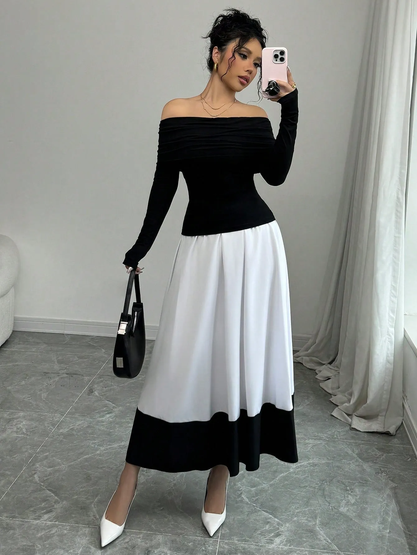 Fashion Off-Shoulder Pleated Black Top Matched With Black & White Contrast Flare A-Line Skirt, 2pcs Women's Set For Daily Wear