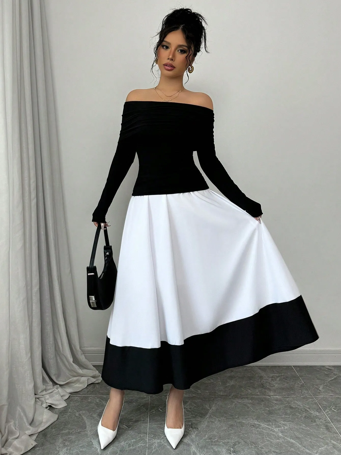 Fashion Off-Shoulder Pleated Black Top Matched With Black & White Contrast Flare A-Line Skirt, 2pcs Women's Set For Daily Wear