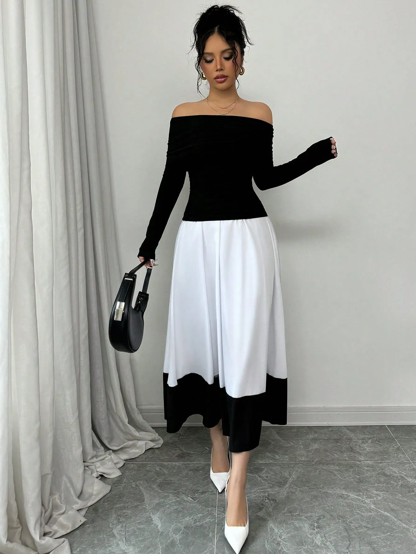 Fashion Off-Shoulder Pleated Black Top Matched With Black & White Contrast Flare A-Line Skirt, 2pcs Women's Set For Daily Wear
